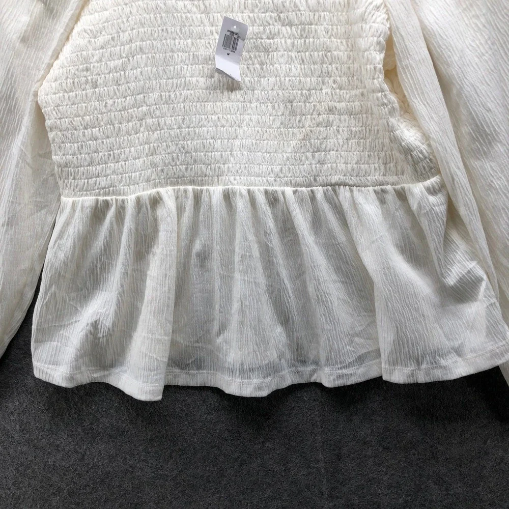 NWT Old Navy Smocked Peplum Top Womens Medium Sea Salt White Long Sleeve Stretch